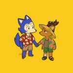  anthro beastars canid canine canis deer duo hand_holding legoshi_(beastars) louis_(beastars) male mammal mc_crmel prosthetic prosthetic_leg prosthetic_limb simple_background wolf yellow_background 