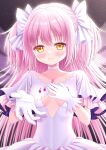  1girl :3 bangs blush breasts cleavage_cutout closed_mouth clothing_cutout collarbone commentary dress gloves hair_ribbon hand_on_own_chest kaname_madoka long_hair looking_at_viewer mahou_shoujo_madoka_magica open_hand palms pink_hair reaching_towards_viewer ribbon ruppo_mi small_breasts smile solo space star_(sky) ultimate_madoka very_long_hair white_dress white_gloves white_ribbon yellow_eyes 