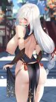 1girl absurdres ass blush breasts curvy genshin_impact heart heart-shaped_pupils highres long_hair looking_at_viewer nipples outdoors shenhe_(genshin_impact) solo symbol-shaped_pupils tongue tongue_out u_ronnta white_hair wide_hips 