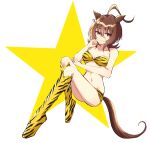  1girl agnes_tachyon_(umamusume) ahoge animal_ears bangs boots breasts brown_eyes brown_hair cleavage collarbone commentary earrings full_body fur_bikini fur_boots hair_between_eyes highres horse_ears horse_girl horse_tail huge_ahoge jewelry looking_at_viewer lum medium_hair messy_hair numachi_doromaru single_earring tail thigh_boots tiger_stripes uesaka_sumire umamusume voice_actor_connection 