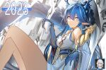  1girl 2023 9_vcat absurdres arknights bangs bare_legs bare_shoulders blue_eyes blue_hair blue_skin breasts colored_skin crossed_legs cup detached_sleeves dragon dragon_horns feet_out_of_frame from_side highres holding holding_cup horns jewelry ling_(arknights) ling_(it_does_wash_the_strings)_(arknights) long_hair long_sleeves looking_at_viewer looking_to_the_side medium_breasts necklace official_alternate_costume parted_lips sitting smile solo very_long_hair wide_sleeves 