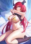  1girl absurdres arknights armpits arms_up bare_shoulders bed bikini black_socks breasts cleavage clothes_lift cross cross_necklace highres horns jewelry kneehighs large_breasts lifted_by_self long_hair looking_at_viewer micro_bikini navel necklace on_bed parted_lips pillow purple_eyes red_hair renleiwanyier shirt shirt_lift sitting sleeveless sleeveless_shirt socks solo surtr_(arknights) swimsuit undressing v-shaped_eyebrows very_long_hair wariza yellow_bikini 