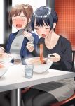  2girls :o bangs black_hair black_pantyhose black_sweater blazer blue_jacket blue_nails blush booth_seating brown_hair chopsticks closed_eyes collarbone doushimasho earrings eating fanning_face fanning_self food grey_skirt highres holding holding_chopsticks jacket jewelry multiple_girls nail_polish noodles office_lady open_clothes open_jacket open_mouth original pantyhose pencil_skirt ponytail ramen rectangular_mouth red_nails restaurant sidelocks sitting skirt sweat sweater table turtleneck white_sweater 