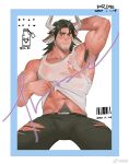  1boy abs alternate_facial_hair animal_ears arknights armpit_hair armpits bara bare_arms bare_pectorals bare_shoulders beard black_pants bottle brown_eyes brown_hair cow_boy cow_ears cow_horns excessive_pubic_hair facial_hair frde fur highres horns large_pectorals looking_at_viewer male_focus male_pubic_hair matterhorn_(arknights) mature_male medium_hair milk_bottle muscular muscular_male navel navel_hair nipples open_fly open_pants pants pectorals presenting pubic_hair see-through sethseth shirt simple_background solo spread_legs stomach stubble tank_top thick_thighs thighs torn_clothes torn_pants torn_shirt wet wet_clothes wet_shirt white_background white_tank_top 