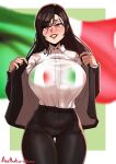  1girl aestheticc-meme alternate_costume anniversary bikini bikini_under_clothes black_jacket black_pants blazer breasts brown_hair business_suit final_fantasy final_fantasy_vii final_fantasy_vii_remake formal highres huge_breasts italian_flag italian_flag_bikini italian_senate_porn_livestream_(meme) jacket large_breasts lips long_hair looking_at_viewer meme office_lady pants red_eyes red_lips see-through shirt suit swimsuit thick_thighs thighs tifa_lockhart white_shirt wide_hips 