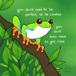  animal animal_focus artist_name english_text frog green_background in_tree leaf no_humans original signature smile thelatestkate tree 