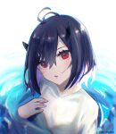  1girl afloat antenna_hair artist_name black_clover black_hair black_horns blush demon_horns highres hiromitwo horns looking_at_viewer parted_lips red_eyes secre_swallowtail shirt solo water wet wet_clothes wet_hair wet_shirt 