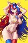  1girl alear_(female)_(fire_emblem) alear_(fire_emblem) armpits arms_up artist_name asymmetrical_legwear bangs between_breasts bikini blue_eyes blue_hair blue_thighhighs breasts can closed_mouth crossed_bangs double_v fire_emblem fire_emblem_engage hair_between_eyes heterochromia highres large_breasts long_hair looking_at_viewer micro_bikini mismatched_legwear multicolored_hair pepsi red_eyes red_hair red_thighhighs side-tie_bikini_bottom simple_background smile solo swimsuit thick_thighs thighhighs thighs two-tone_hair ultrabinou v very_long_hair yellow_background 