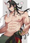  1boy abs alternate_pectoral_size ashiya_douman_(fate) black_eyes black_hair blush come_hither curly_hair fate/grand_order fate_(series) hair_between_eyes hair_intakes highres large_pectorals long_hair male_focus multicolored_hair muscular muscular_male nipples outstretched_hand pectorals saseum_(kao_husband) solo split-color_hair stomach topless_male very_long_hair white_hair 