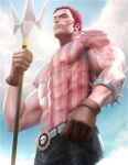  1boy abs arm_tattoo bara belt black_pants charlotte_katakuri chest_tattoo denim foreshortening from_below holding holding_polearm holding_weapon jeans large_pectorals looking_at_viewer male_focus muscular muscular_male one_piece pants pectorals perspective pink_hair polearm sephirona short_hair skull solo spikes stitches tattoo veins veiny_arms weapon 