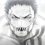  1boy arm_tattoo blood blood_on_face charlotte_katakuri chest_tattoo greyscale male_focus monochrome muscular muscular_male one_piece pink_hair sephirona short_hair smile solo stitches tattoo tusks 