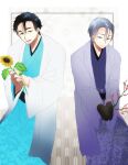  2boys asagi_nanase black_hair blue_eyes facial_hair flower flower_request grey_eyes grey_hair highres holding holding_flower japanese_clothes kirisaki_shidou long_sleeves male_focus milgram mole mole_under_eye mukuhara_kazui multiple_boys short_hair sunflower yellow_flower 