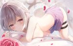  1girl absurdres bed_sheet blurry blush braid breasts depth_of_field falling_petals flower french_braid grey_hair highres kishin_sagume large_breasts looking_at_viewer medium_hair niko_kusa object_hug petals pillow pillow_hug pink_eyes red_flower red_rose rose rose_petals signature skirt smile solo thigh_strap top-down_bottom-up topless touhou 