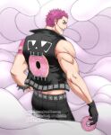  1boy arm_tattoo bare_shoulders black_jacket charlotte_katakuri chest_tattoo doughnut food from_behind jacket jacket_print looking_back male_focus muscular muscular_male one_piece pink_hair sephirona short_hair solo stitches tattoo tusks 