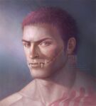  1boy arm_tattoo charlotte_katakuri chest_tattoo looking_at_viewer male_focus muscular muscular_male one_piece pink_hair portrait realistic sephirona short_hair solo stitches tattoo thick_eyebrows tusks 