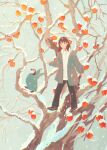  1girl bare_tree bird black_pants brown_footwear brown_hair coat grey_sweater highres medium_hair nature original outdoors pants penguin snow snow_on_tree snowing solo sweater tabi_(tabisumika) tree winter winter_clothes winter_coat 