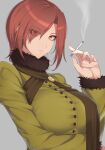  1girl aozaki_touko cigarette coat green_coat holding holding_cigarette looking_at_viewer mahou_tsukai_no_yoru nigane red_eyes red_hair simple_background solo type-moon upper_body 