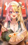  1girl absurdres bangs bare_shoulders blonde_hair breasts chopsticks cleavage collarbone drooling food gfpebs glint highres holding holding_chopsticks holding_spoon jewelry kotoka_torahime large_breasts mouth_drool multicolored_hair necklace nijisanji nijisanji_en noodles open_mouth pink_hair pink_nails purple_eyes ramen solo sparkle spoon two-tone_hair virtual_youtuber 