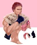  1boy abs arm_tattoo charlotte_katakuri chest_tattoo cropped_troso doughnut food frown looking_at_viewer male_focus muscular muscular_male one_piece pink_hair pink_theme sasamiman short_hair solo stitches tattoo tongue tongue_out underpec 