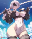  1girl alternate_breast_size android artist_name arttoru ass ass_visible_through_thighs blindfold breasts cameltoe cleavage covered_nipples highres holding holding_sword holding_weapon juliet_sleeves large_breasts leotard long_sleeves nier_(series) nier_automata nipples puffy_sleeves short_hair sky_background solo sword thick_thighs thighhighs thighs tight virtuous_contract weapon white_hair white_leotard wide_hips yorha_no._2_type_b 