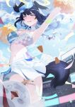  1girl absurdres animal_ears arm_up armpits bangs bare_shoulders black_hair blue_archive blue_sky blush breasts cheerleader cloud confetti day derk dog_ears dog_girl dog_tail eyewear_on_head goggles goggles_on_head hibiki_(blue_archive) hibiki_(cheerleader)_(blue_archive) highres holding holding_pom_poms long_hair looking_at_viewer midriff miniskirt navel official_alternate_costume outdoors peroro_(blue_archive) pom_pom_(cheerleading) purple_eyes skirt sky sleeveless stadium sticker_on_face sunglasses tail tearing_up thighs white_skirt yellow_halo 