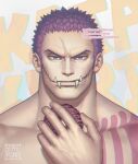  1boy anger_vein arm_tattoo charlotte_katakuri chest_tattoo doughnut food frown hand_up large_pectorals male_focus muscular muscular_male one_piece pectorals pink_hair portrait sephirona short_hair solo stitches straight-on tattoo tusks 