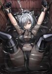  1girl anal anal_object_insertion animal_ears anus arknights armpits arms_up bangs bar_censor bdsm black_thighhighs breasts cat_ears cat_girl cat_tail censored chain chained cleavage clothing_aside collar cuffs grey_hair highres large_breasts legs_up long_hair lying metal_collar navel object_insertion on_back parted_lips partially_submerged ponytail restrained revealing_clothes rxlindera schwarz_(arknights) shackles solo spread_legs stationary_restraints tail thighhighs v-shaped_eyebrows very_long_hair water yellow_eyes 