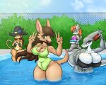  anthro big_breasts breasts canid canine canis clothing detailed_background domestic_dog felid feline female fish fish_hook grass group half-closed_eyes hi_res mammal marine narrowed_eyes phone plant pool shark sky smile swimming_pool swimwear water wolf z_dragon 