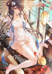  1girl absurdres azur_lane black_hair breasts chinese_clothes cleavage cleavage_cutout clothing_cutout dress falling_petals full_body high_heels highres holding holding_umbrella large_breasts long_hair manjuu_(azur_lane) petals qixiong_ruqun red_eyes sitting thighhighs thighs umbrella very_long_hair white_dress white_footwear white_thighhighs xiongshouji yat_sen_(azur_lane) yat_sen_(paragon_of_celestial_grace)_(azur_lane) zettai_ryouiki 