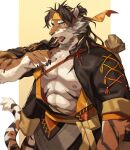  abs absurd_res accessory anthro arknights barazoku fangs felid headband hi_res huai_tianpei_(arknights) hypergryph male mammal nipples open_mouth pantherine pecs solo striped_body stripes studio_montagne teeth tiger yed yellow_eyes yellow_headband 