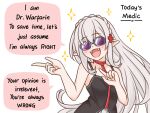  1girl arknights braid english_text fangs french_braid guin_guin long_hair pale_skin pointy_ears right-to-left_comic solo speech_bubble sunglasses vampire warfarin_(arknights) white_hair 