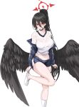  1girl absurdres arms_at_sides black_choker black_feathers black_hair black_wings blue_archive blue_jacket breasts choker collarbone commentary_request feathers full_body gym_shorts gym_uniform hair_between_eyes halo hasumi_(blue_archive) high_ponytail highres jacket large_breasts light_blush long_hair long_sleeves looking_at_viewer low_wings midriff navel off_shoulder open_mouth parted_lips red_eyes shirt short_sleeves shorts simple_background slit_pupils socks solo standing standing_on_one_leg taut_clothes taut_shirt thighs undressing vanko_(vank0a) very_long_hair white_background white_socks wings 