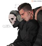  2boys bara beard call_of_duty:_modern_warfare_2 facial_hair from_side ghost_(modern_warfare_2) hand_on_another&#039;s_shoulder headphones heart highres iba_(kcokaine) implied_anal implied_sex lying_on_person male_focus mask mature_male mohawk multiple_boys muscular muscular_male paid_reward_available short_hair sideburns skull_mask soap_(modern_warfare_2) sweatdrop thick_eyebrows yaoi 