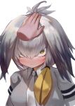  1girl 1other bangs blonde_hair blush breasts closed_mouth collared_shirt dokomon green_eyes grey_hair grey_shirt hair_between_eyes headpat highres kemono_friends long_hair looking_at_viewer medium_breasts necktie shirt shoebill_(kemono_friends) short_sleeves simple_background solo_focus sweat upper_body wavy_mouth white_background white_necktie 