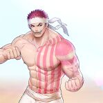  2boys abs alternate_costume arm_tattoo bara charlotte_katakuri chest_tattoo clenched_hands headband large_pectorals male_focus monkey_d._luffy multiple_boys muscular muscular_male one_piece pectorals pink_hair sephirona short_hair size_difference stitches tattoo topless_male tusks 