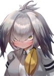  1girl bangs blonde_hair blush breasts closed_mouth collared_shirt dokomon green_eyes grey_hair grey_shirt hair_between_eyes highres kemono_friends long_hair looking_at_viewer medium_breasts necktie shirt shoebill_(kemono_friends) short_sleeves simple_background solo sweat upper_body wavy_mouth white_background white_necktie 