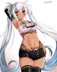  1girl alabama_(azur_lane) azur_lane bandeau bikini bikini_under_clothes black_shorts black_thighhighs breasts cleavage clothes_writing collarbone commentary_request cowboy_shot dark_skin facial_mark gradient_background hair_between_eyes highres large_breasts long_hair looking_at_viewer midriff navel partial_commentary red_eyes short_shorts shorts solo standing stomach strapless swimsuit tarakon thighhighs thighs tube_top twintails very_long_hair whisker_markings white_background white_hair 