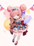  1girl :3 ;d \||/ balloon bangs blue_dress blue_hairband blunt_bangs bow chain commentary_request dot_nose double_bun dress female_child frilled_dress frills full_body hair_bun hair_ornament hairband heart_balloon highres holding laevan legs_apart long_sleeves looking_at_viewer mary_janes one_eye_closed open_mouth original outstretched_hand pink_hair puffy_long_sleeves puffy_sleeves red_bow red_eyes red_footwear red_ribbon ribbon seamed_legwear shirt shoes simple_background smile solo star_(symbol) stuffed_animal stuffed_toy symbol-shaped_pupils teddy_bear teeth upper_teeth_only white_background white_shirt x_hair_ornament 