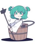  1girl blush_stickers bucket closed_mouth fried_rice0614 getting_over_it green_eyes green_hair hair_bobbles hair_ornament hammer highres holding holding_hammer japanese_clothes kimono kisume long_sleeves one-hour_drawing_challenge short_hair simple_background sledgehammer smile solo touhou two_side_up white_background white_kimono wide_sleeves 