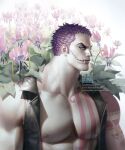  1boy abs arm_tattoo bara bare_pectorals charlotte_katakuri chest_tattoo floral_background jacket large_pectorals leather leather_jacket looking_to_the_side male_focus muscular muscular_male one_piece open_clothes open_jacket pectorals pink_hair sephirona short_hair solo stitches tattoo tusks upper_body zipper 
