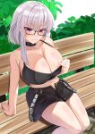 1girl bangs bare_shoulders bench black_camisole black_shorts blush breasts bush byte-artist camisole choker cleavage clothes_pull collarbone fate/grand_order fate_(series) highres kama_(fate) kama_(tour_outfit)_(fate) large_breasts looking_at_viewer navel nipple_slip nipples red_eyes short_hair short_shorts shorts sidelocks sitting smile solo thighs white_hair 
