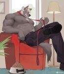  1boy animal_ears bara beard black_pants chest_hair couch dog_boy dog_ears dog_tail facial_hair frde furry furry_male grey_fur grin highres holding holding_leash indoors large_pectorals leash leg_up looking_at_viewer male_focus mature_male muscular muscular_male navel_hair nipples on_couch original pants pectorals pet_food short_hair smile solo tail thick_eyebrows topless_male white_hair 