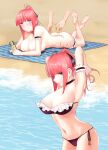  1girl applying_sunscreen arm_strap armpits arms_behind_head ass back bangs barefoot beach bikini bikini_removed black_bikini black_choker blue_eyes blue_nails blunt_bangs blush breasts butterfly_hair_ornament cameltoe choker cleavage closed_mouth commentary_request completely_nude eyelashes frilled_bikini frilled_straps frills go-toubun_no_hanayome hair_ornament head_tilt heart highres kosmos_beta large_breasts legs legs_up lips looking_at_viewer lotion lying midriff nakano_nino navel nose nude ocean on_stomach outdoors pink_hair ponytail ribbon-trimmed_bikini seductive_smile sidelocks skindentation smile soles solo stomach sunscreen swimsuit swinging_legs thigh_strap thighs 