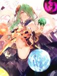  1girl agulo dress green_hair hair_ornament hair_over_one_eye highres hornet_(rance) long_hair looking_at_viewer magic midriff navel rance_(series) rance_10 solo yellow_eyes 