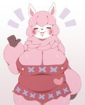  &lt;3 alpaca animal_crossing anotherbearsimp anthro big_breasts blush blush_stickers breasts camelid cleavage clothed clothing eyelashes eyes_closed female fur hair happy hi_res mammal mature_female nintendo open_mouth overalls overalls_only pink_body pink_fur pink_hair raised_hand red_clothing reese_(animal_crossing) short_hair simple_background smile smiling_at_viewer solo thick_thighs tongue white_body white_fur wide_hips wool_(fur) 
