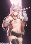  1girl :3 absurdres aestheticc-meme animal_ear_fluff animal_ears artist_name bangs bike_shorts black_shorts blush breasts cat_ears cat_hair_ornament collarbone hair_ornament highres long_hair looking_at_viewer nipples nyatasha_nyanners paw_pose pink_hair purple_eyes shorts skindentation small_breasts solo thighhighs virtual_youtuber vshojo 