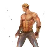 1boy 6_(brm6) abs bangs beowulf_(fate) blonde_hair denim facial_hair fate/grand_order fate_(series) feet_out_of_frame goatee highres jeans large_pectorals looking_at_viewer male_focus mature_male muscular muscular_male nipples no_tattoo pants pectorals red_eyes scar scar_across_eye scar_on_chest short_hair sideburns smirk solo standing stomach topless_male 