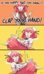  2girls aroevela bandaged_arm bandages bangs breasts bun_cover chain chinese_clothes cuffs double_bun english_text flower hair_bun hair_ornament highres horns ibaraki_douji_(touhou) ibaraki_kasen if_you&#039;re_happy_and_you_know_it_clap_your_hands_(song) long_hair looking_at_viewer multiple_girls oni oni_horns open_mouth orange_background pink_flower pink_hair pink_rose rose shackles shirt short_sleeves simple_background slapping smile tabard touhou very_long_hair vine_print white_shirt yellow_background 
