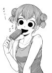  1girl 4shi bags_under_eyes bare_shoulders breasts collarbone dango-chan_(4shi) double_bun eating food greyscale hair_bun hand_up highres holding holding_food hollow_eyes hollow_mouth licking medium_breasts monochrome open_mouth original popsicle simple_background smile solo tank_top tongue tongue_out upper_body 