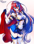  1girl alear_(female)_(fire_emblem) alear_(fire_emblem) armor bangs blue_eyes blue_hair blush braid breasts cape crossed_bangs crown_braid fire_emblem fire_emblem_engage gloves heterochromia jewelry long_hair looking_at_viewer medium_breasts mina_cream multicolored_hair red_eyes red_hair smile solo split-color_hair thighhighs thighs tiara two-tone_hair very_long_hair wide_hips 